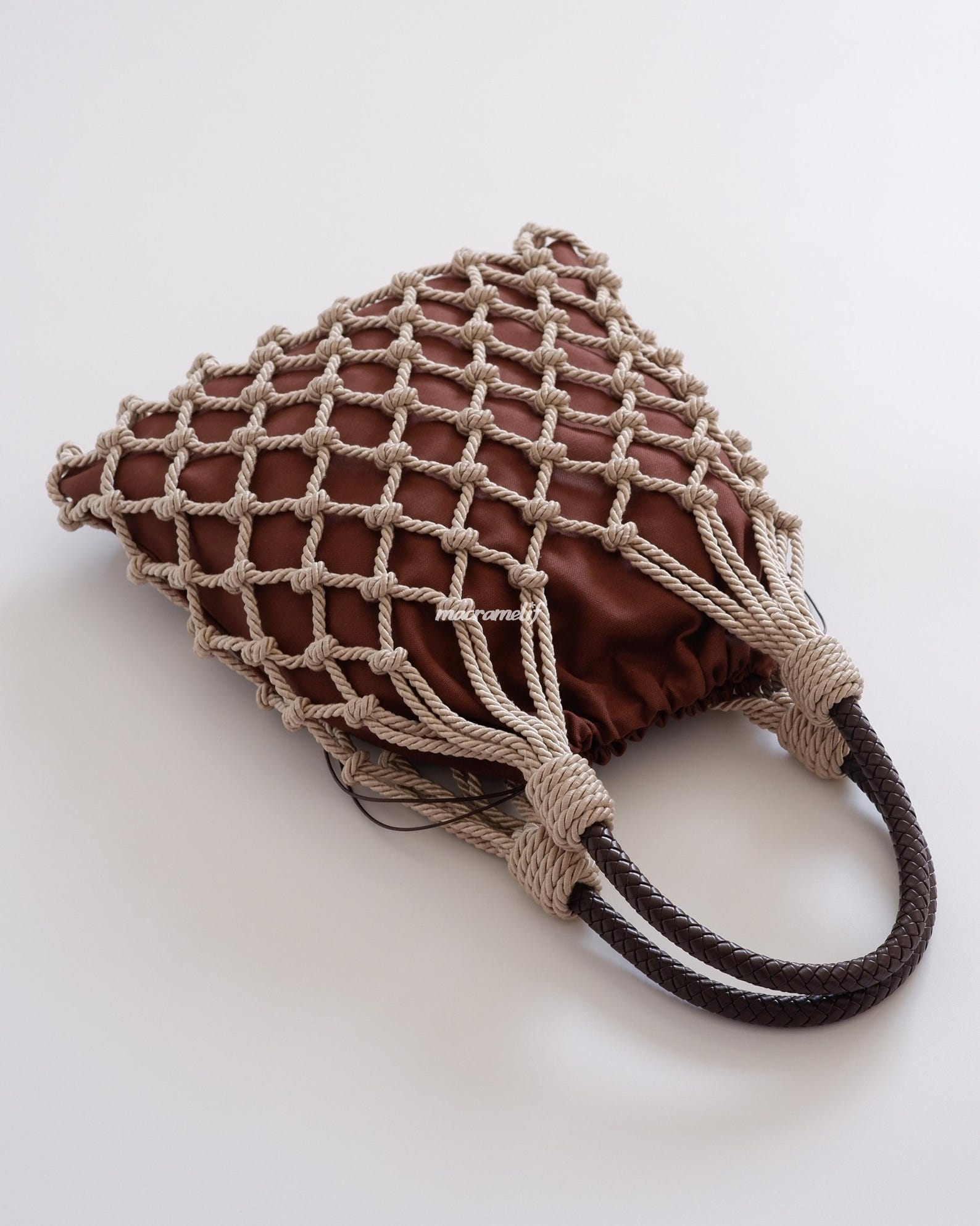 Handmade Macrame Fishnet Bag | Luxury Linen Pouch | Leather Handle ...