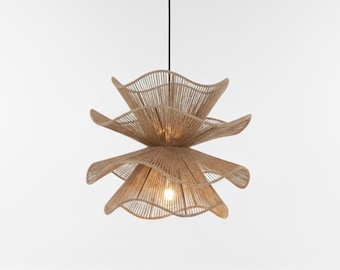 Große Jute Pendelleuchte | Handgewebte Deckenlampe | Rustikaler Boho Kronleuchter | Natürliche Seil-Beleuchtung