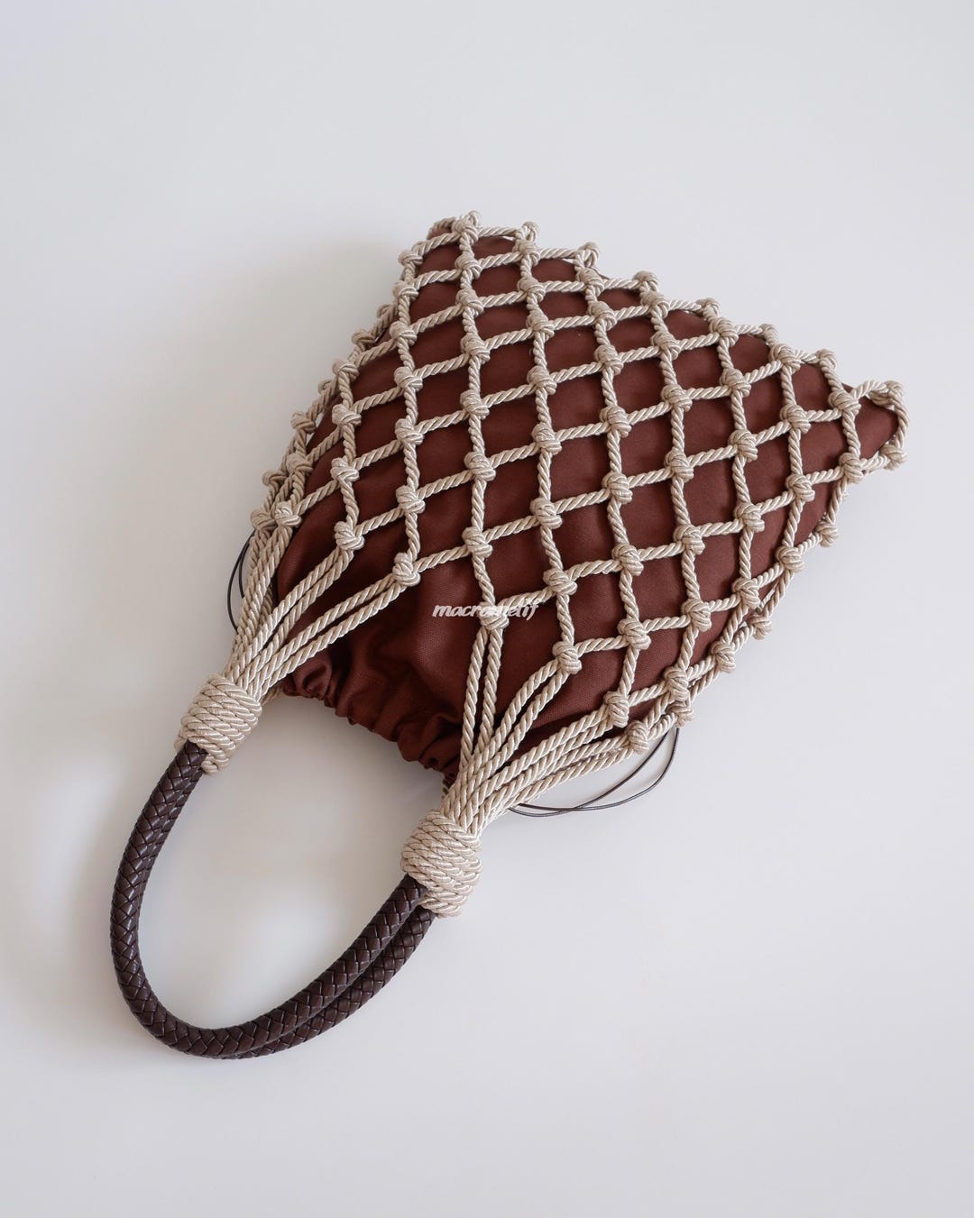 Handmade Macrame Fishnet Bag | Luxury Linen Pouch | Leather Handle ...