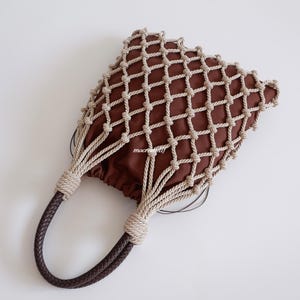 Handmade Macrame Fishnet Bag | Linen Pouch, Leather Handle, Summer Beach Tote