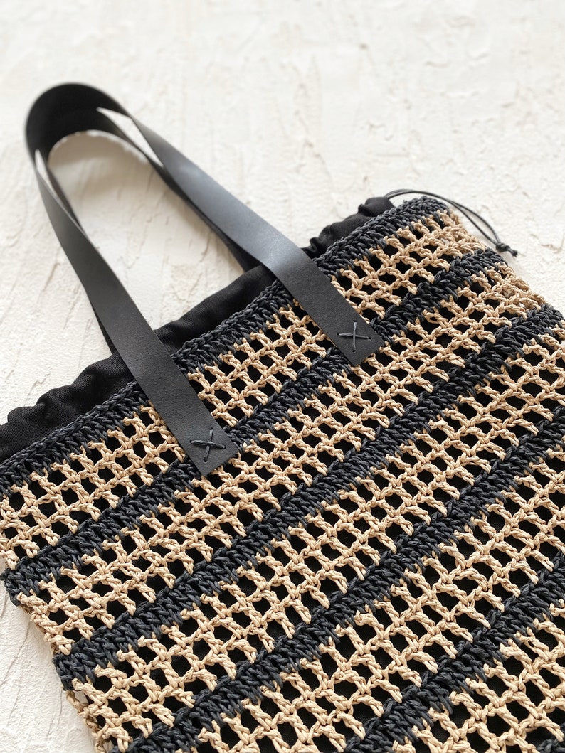 Crochet Striped Raffia Net Bag image 3