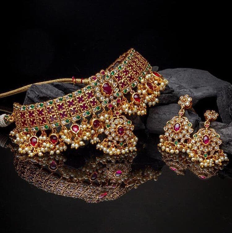 wedding jewelry Kemp stone and pearl necklace set jewelry for brides golden temple jewelry necklace set