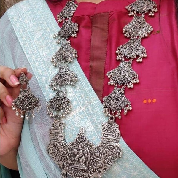 Zuid-Indische set, traditionele Indiase tempel sieraden, antieke ketting, verklaring oorbellen, geoxideerde sieraden