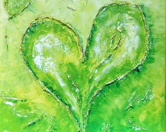 Pintura acrílica Corazones abstractos Amor Lienzo Sin marco Boda Arte verde Pintura Pintura dorada