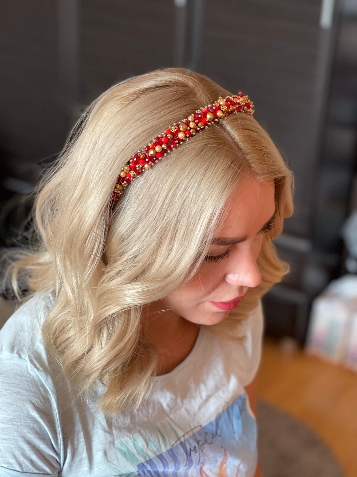 Red embroidered hair band/embroidered headband/accessories for Etsy
