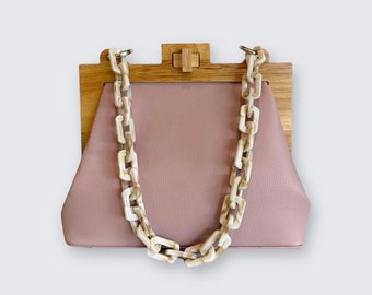 Pink Handbag With Wooden Frame, Chunky Chain & Removable Crossbody Strap - Unique Gift For Her