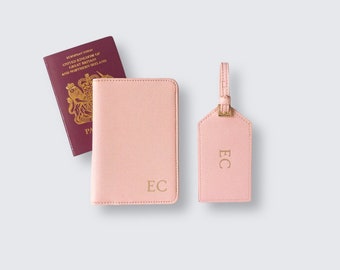 Personalised Travel Set - Monogram Initial Passport Cover & Matching Luggage Tag – Personalised Couples Gift for Weekend Away or Vacation