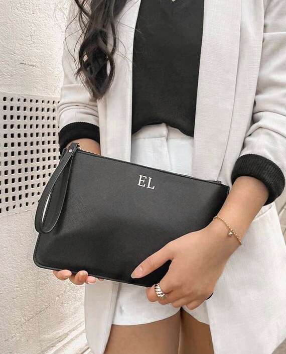 Black White or Pink Personalised Wristlet Clutch Bag with Initials