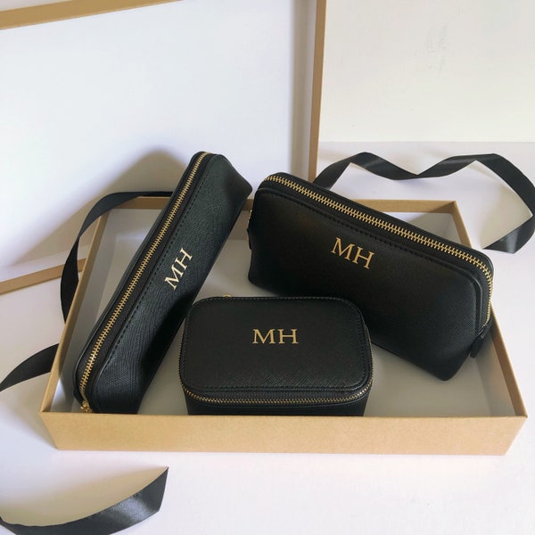 Personalised Gift Set With Initials or Name - Personalised Washbags, Makeup Bags & Jewellery Box With Initials - Toiletry Bags Gift For Her