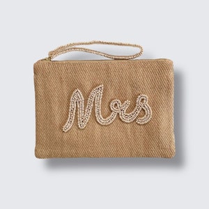 Bolso clutch con cuentas de mano – bolso de novia para el día de la boda - bolso de pulsera con cuentas de recién casado - regalo de novia para la luna de miel y la boda Mrs Clutch