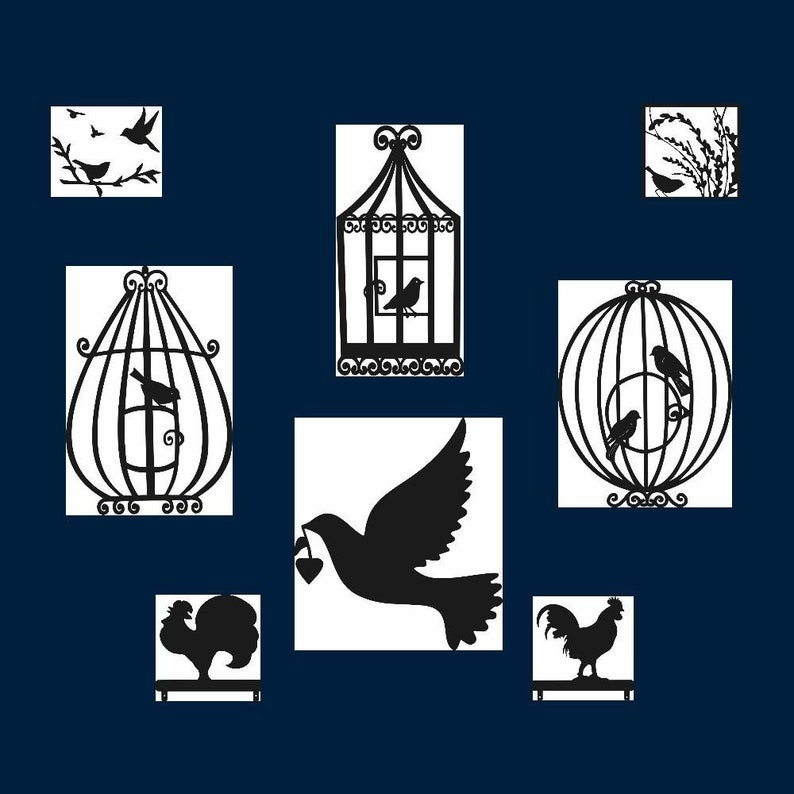 3pics caged bird for file decal image bird print set silhouette of birds dxf cdr svg jpg ai File for CNC Laser Plasma Jet Router Cut
