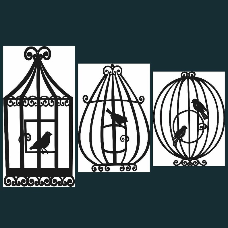 3pics caged bird for file decal image bird print set silhouette of birds dxf cdr svg jpg ai File for CNC Laser Plasma Jet Router Cut