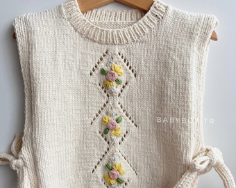 Sweater Vest for Toddler Girl, Sleeveless Cotton Sweater, Embroidered Baby Sweater