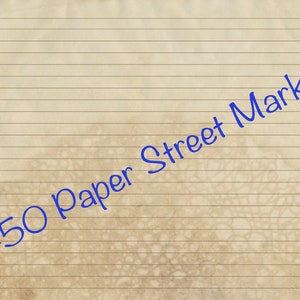 May include: A sheet of lined paper with a vintage, aged appearance. The paper has a beige background with horizontal brown lines. The text "450 Paper Street Market" is written diagonally across the page in blue.