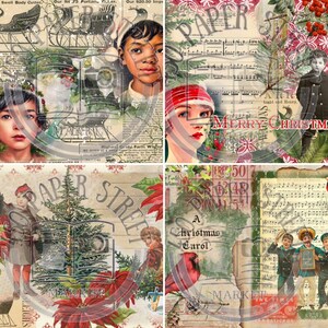 May include: A collage of vintage Christmas-themed ephemera. The design incorporates images of children, poinsettias, sheet music, and the text "Merry Christmas" and "A Christmas Carol". The color palette includes red, green, and beige.