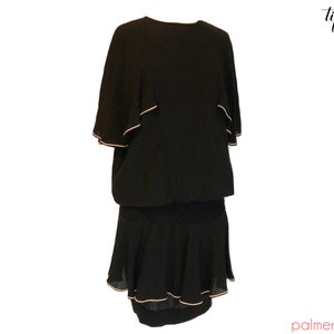 Vintage 1980&#39;s TIFFANI KIM Black Gold Trim Drop Waist Mini Dress Cape Butterfly Sleeve