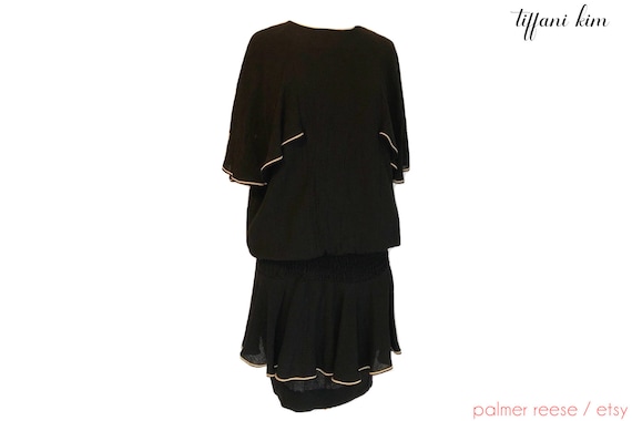 Vintage 1980's TIFFANI KIM Black Gold Trim Drop Waist Mini Dress Cape Butterfly Sleeve Vintage 1980's TIFFANI KIM Black Gold Trim Drop Waist Mini Dress Cape Butterfly Sleeve