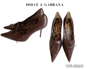 Stiletto à bout pointu en cuir marron Dolce & Gabanna vintage immaculé avec accent de nœud en cuir fin