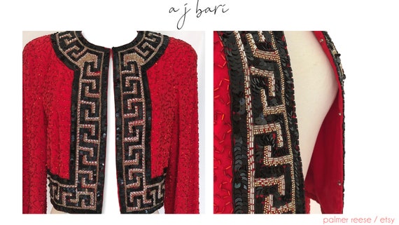 Vintage A.J. BARI Black Red Silver Silk Sequin Bea
