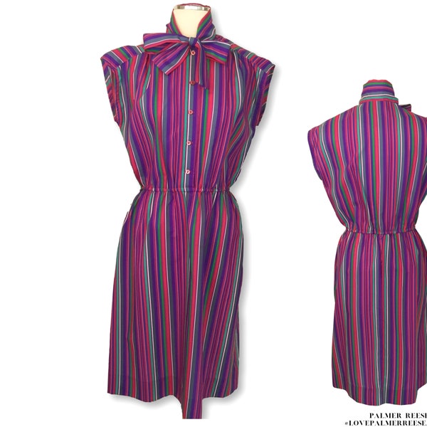 Vintage Multicolor Purple Red Green Striped Short Sleeveless Pussybow Dress