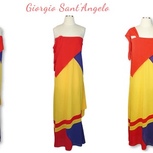 RARE Iconic Vintage Giorgio Sant&#39;Angelo Colorblock Maxi Dress with Strapless or One Shoulder Option