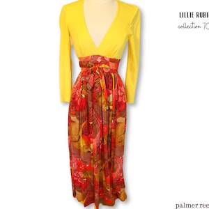 Vintage LILLIE RUBIN Collection 700 Plunging Neck Yellow w/Floral Accent Cinch Waist Maxi Dress Gown
