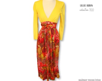 Vintage LILLIE RUBIN Collection 700 Plunging Neck Yellow w/Floral Accent Cinch Waist Maxi Dress Gown