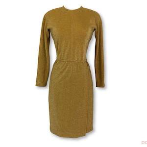 Vintage ESCADA by Margaretha Rey Gold Metallic and Elastane Long Sleeve Formal Dress with Attached Bottom Lace Bodysuit