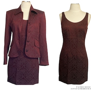 Vintage 1990's Daniel & Rebecca Burgundy Brocade After 5 Dress Jacket 2 Piece Suit with Original Tags