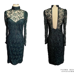 Jessica McClintock Deep Green Lace Long Sleeve Backless Cocktail Formal Dress