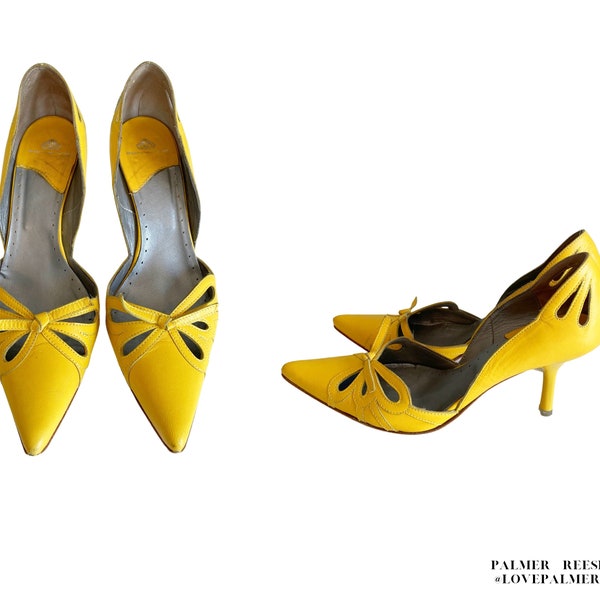 Vintage Fornarina Yellow Gula Leather D'Orsay Kitten Heel with Leather Tie Bow Decorative Cutouts Pump
