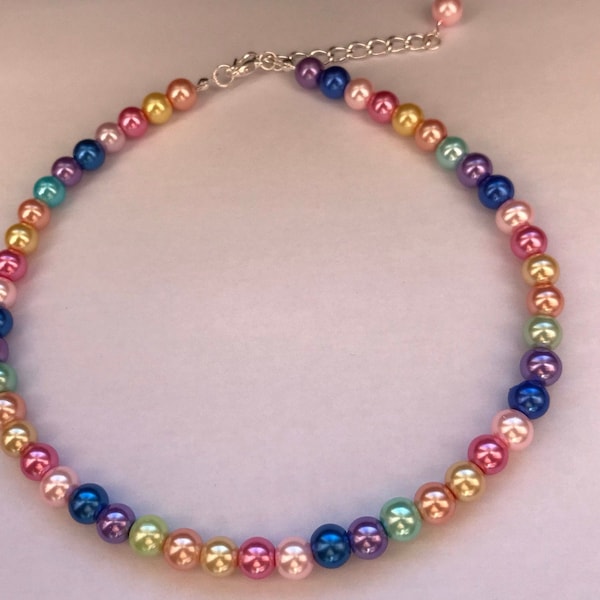 Pastel rainbow pearl choker necklace bead sweet lolita hippy kawaii classic retro pink purple blue beach holidays festival  cosplay anime