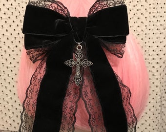 Black Gothic Lolita Lace Velvet Bow Hair Clip Cross Tie