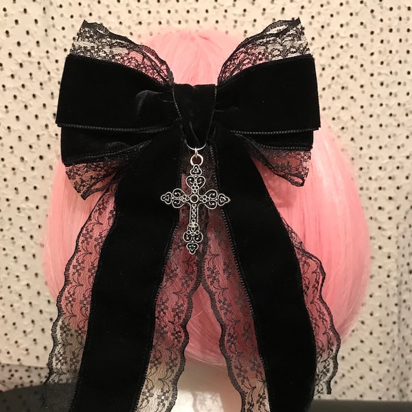 Black gothic Lolita lace velvet bow hair clip cross tie EGL steampunk ballet Victorian vintage retro princess kawaii cosplay anime witch