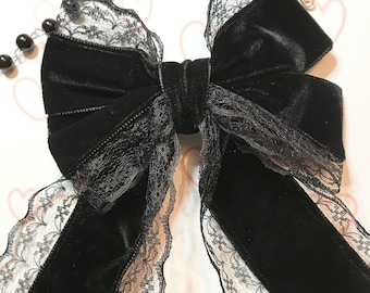 Gothic Lolita Black lace velvet bow hair clip  tie ballerina ballet Victorian vintage retro princess kawaii cosplay anime witch