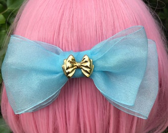 Large Baby Blue shiny organza bow hair clip barrette lolita ballerina kawaii coquette candy sparkle ballet victorian vintage retro princess