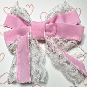 Pink lace velvet bow hair clip dance sweet lolita tie ballerina gothic victorian vintage retro princess kawaii cosplay anime candy baroque
