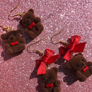 Teddy bears earrings lolita drop kawaii anime boho red satin bow gift fairy key princess