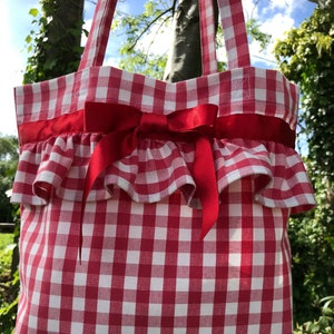 Red gingham check tote shopping bag Lolita Shabby chic retro bow kawaii Cottagecore ballerina ruffle anime princess festival romantic