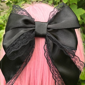 Black lace Satin bow hair clip dance goth lolita tie ballerina ballet victorian coquette vintage retro princess kawaii cosplay anime rococo