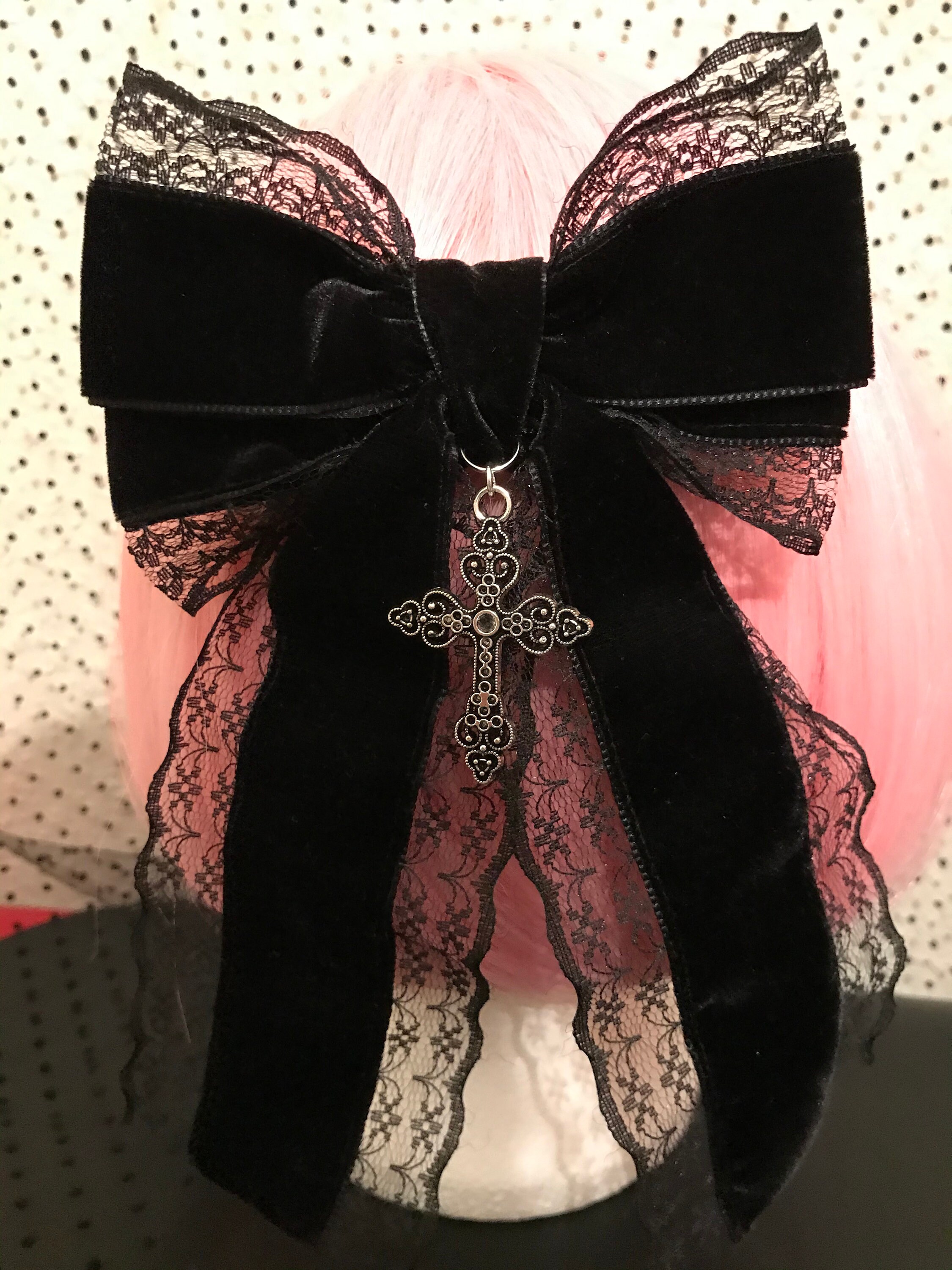 Black Gothic Lolita Lace Velvet Bow Hair Clip Cross Tie