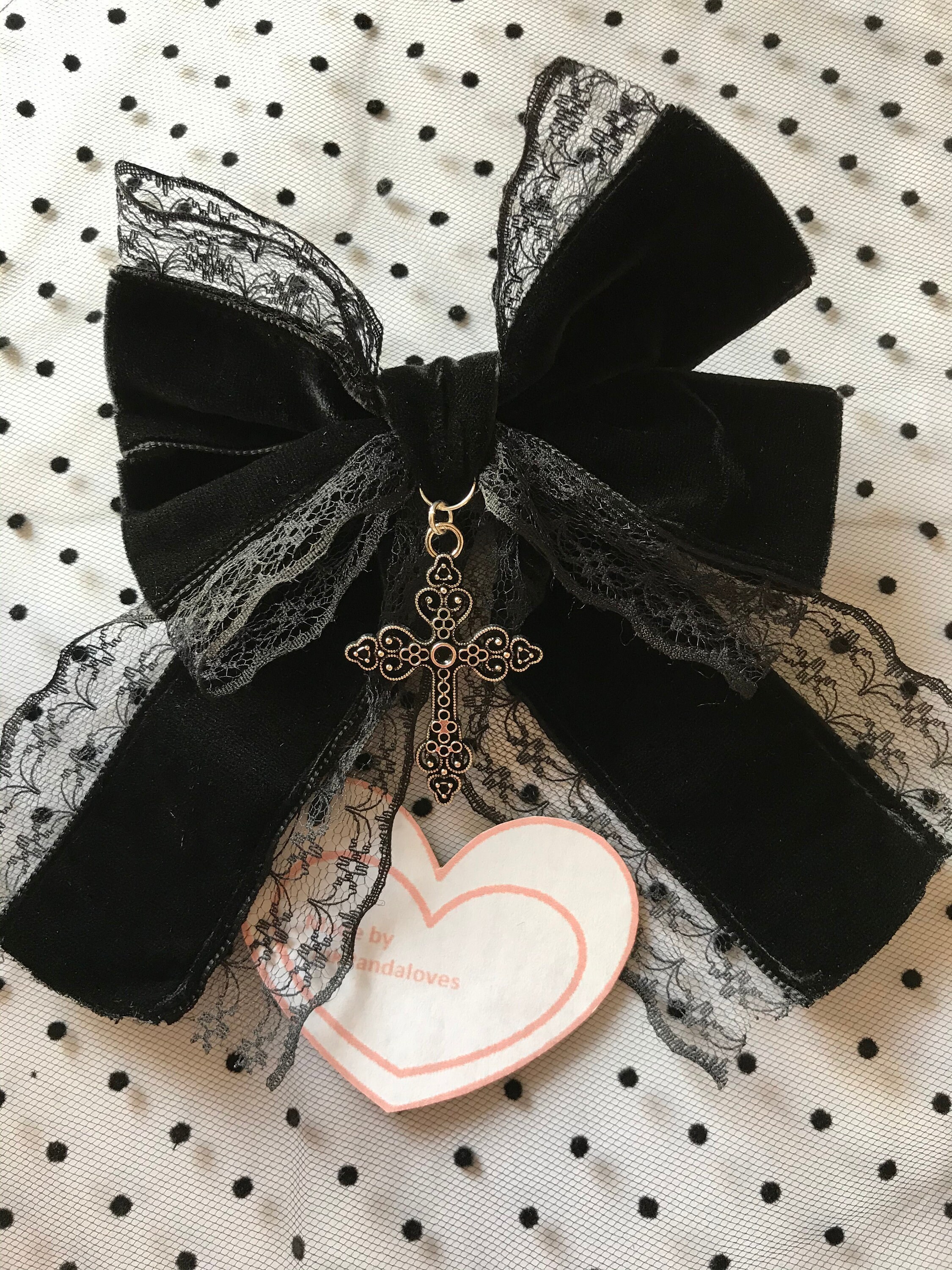 Black Gothic Lolita Lace Velvet Bow Hair Clip Cross Tie