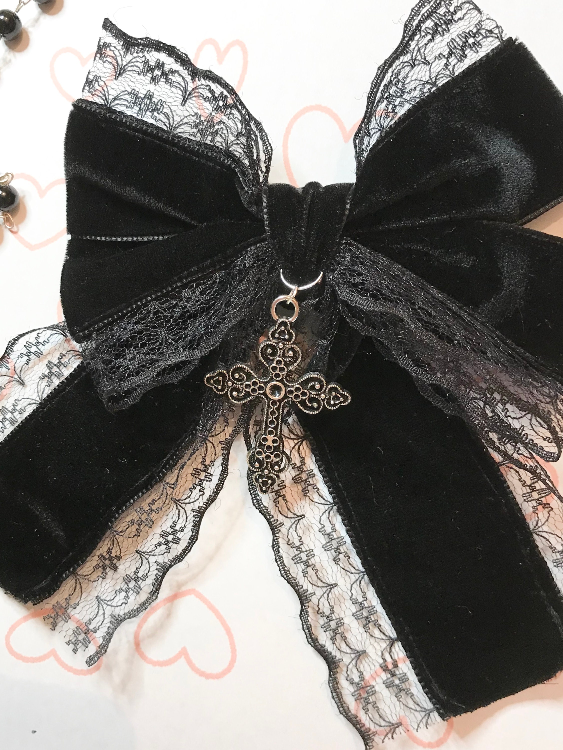 Black Gothic Lolita Lace Velvet Bow Hair Clip Cross Tie