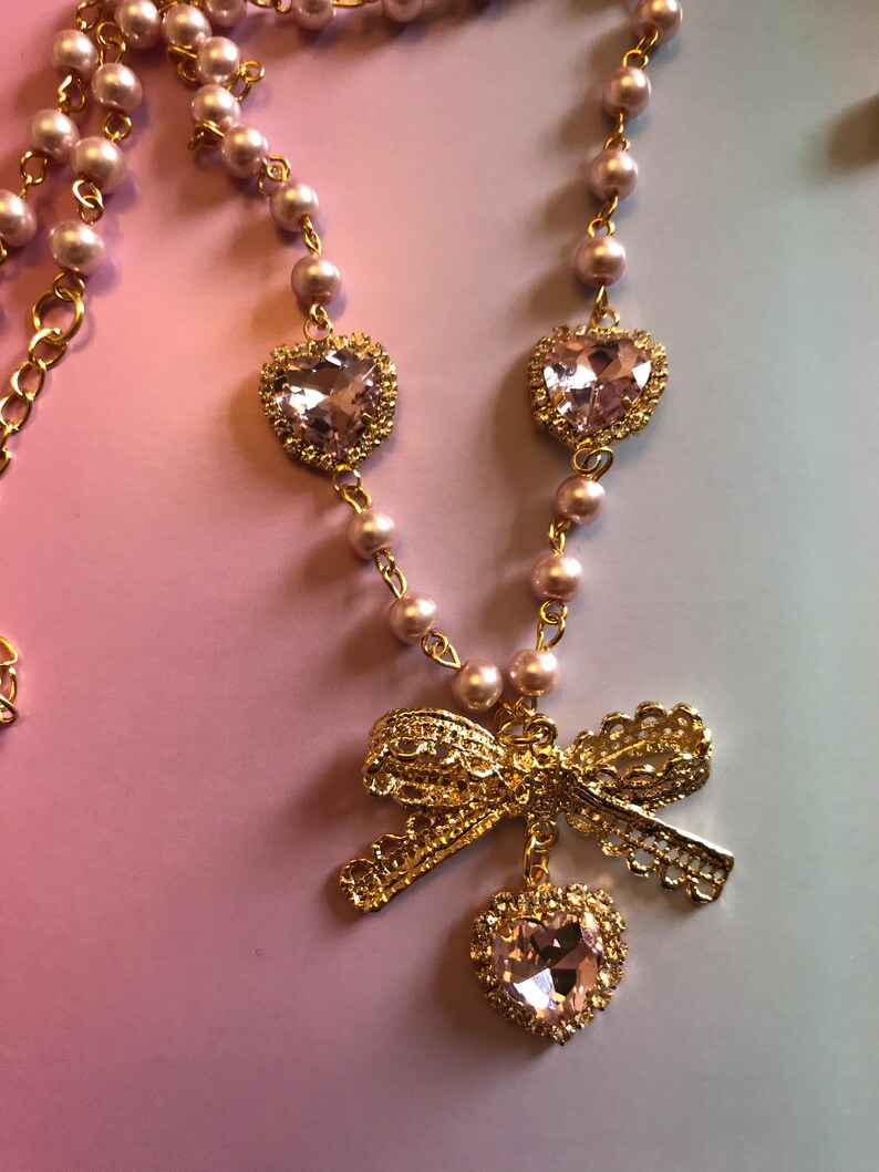 Pink Heart Rosary Pearl Choker Necklace Bead Chain Bow Gold Renaissance ...