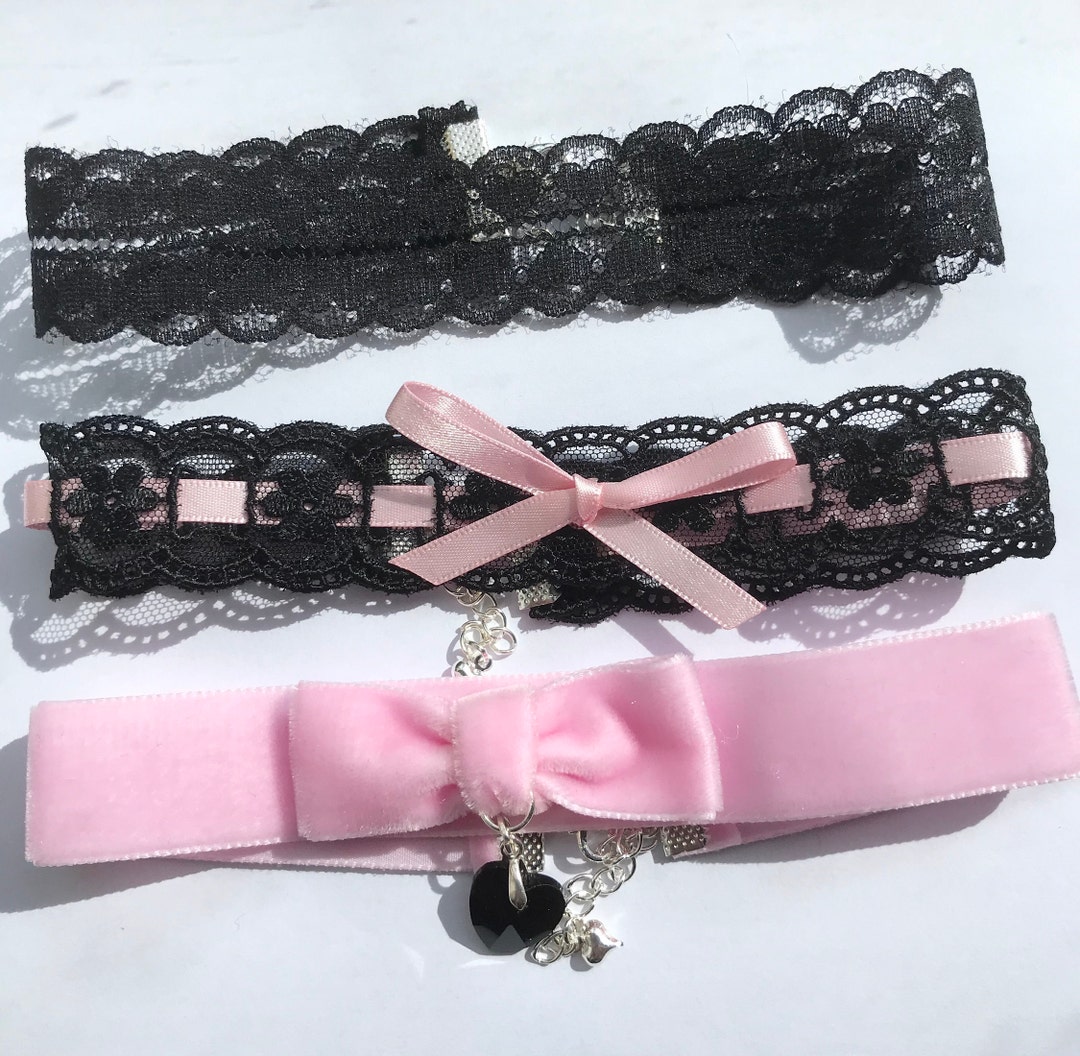 Pink Black Lace Velvet Crystal Choker Necklace Sweet Pastel Goth Lolita ...