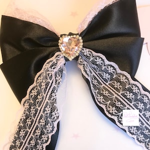 Black Satin pink lace bow hairclip crystal heart  goth lolita tie ballet victorian coquette retro princess kawaii cosplay anime rococo