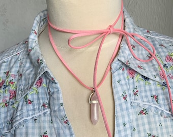 Pink quartz cord necklace choker hippy bohemian gift coquette party festival summer beach y2k faux suede string bow wrap lariat bolo healing