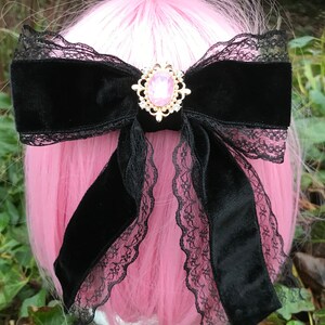 Black lace velvet bow hair clip gothic lolita tie ballerina ballet victorian baroque rococo princess kawaii cosplay anime witch