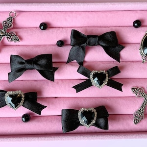 Bow black satin crystal heart rings adjustable gothic Lolita EGL  victorian vintage rococo baroque cosplay kawaii anime jirai kei