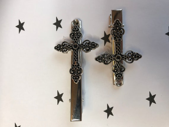 Black Cross Hair Clip with Silver Accents Amazon.com : Cross Hair Clips Halloween Goth Hair  main image 3